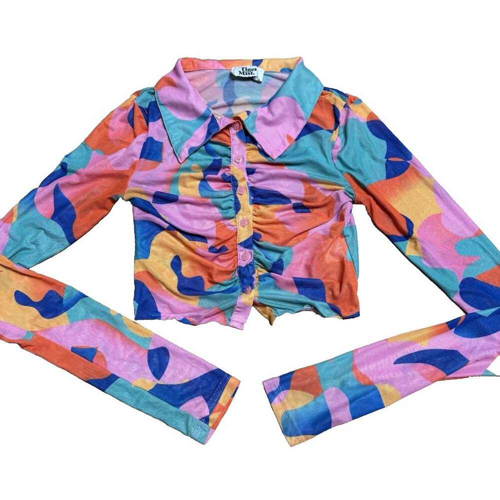 Tiger Mist Florence Top Size S Multi Color Abstract Mesh Sheer, Long Sleeve